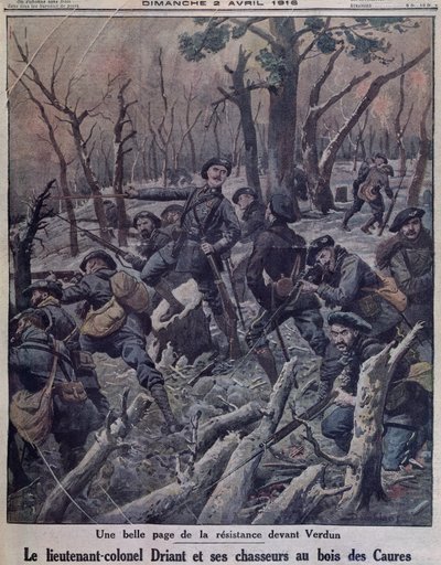 Tenente Colonnello Driant e i suoi battaglioni di Cacciatori difendono il Bois des Caures, Verdun, illustrazione di copertina da 